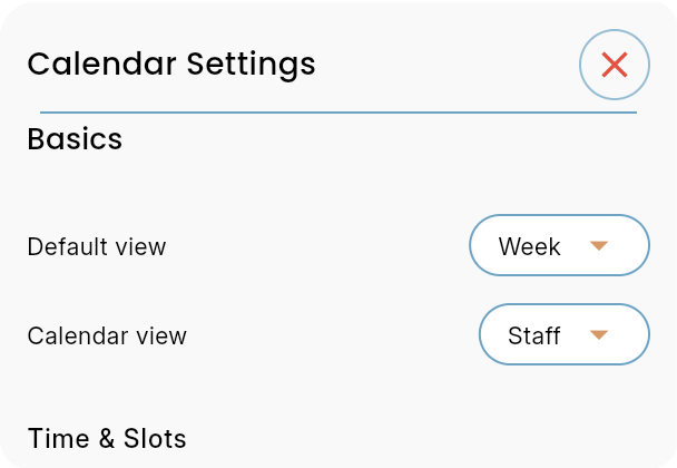 Bookairy Calendar Settings drawer basics options