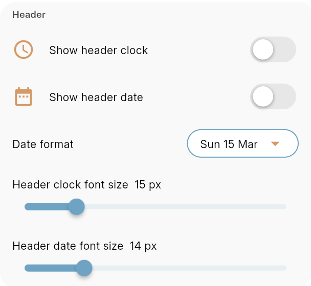 Bookairy Calendar Settings header display options