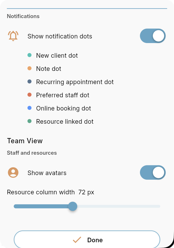 Bookairy Calendar Settings notifications and team view options