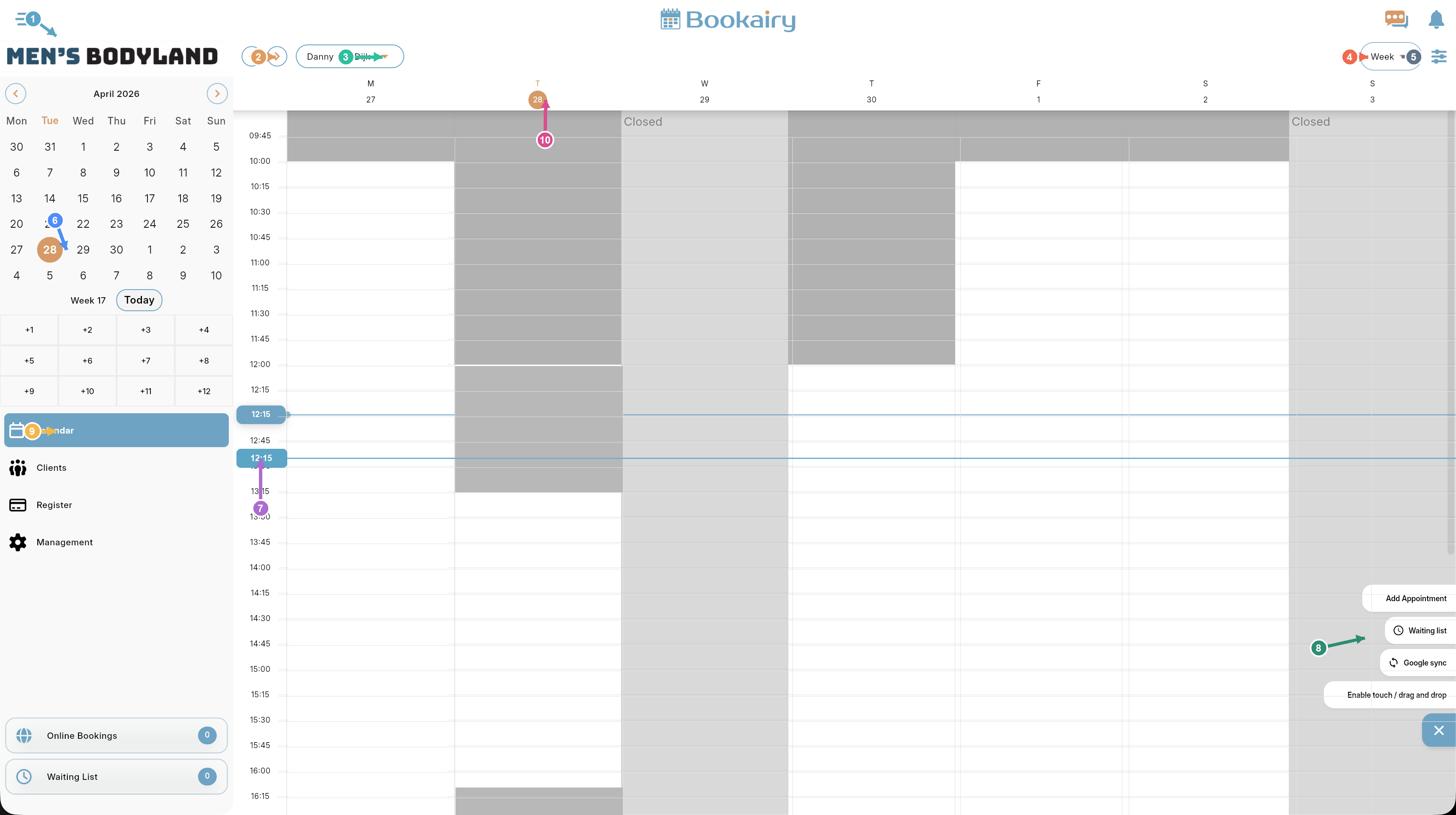 Annotated Bookairy main calendar view with numbered colored arrows
